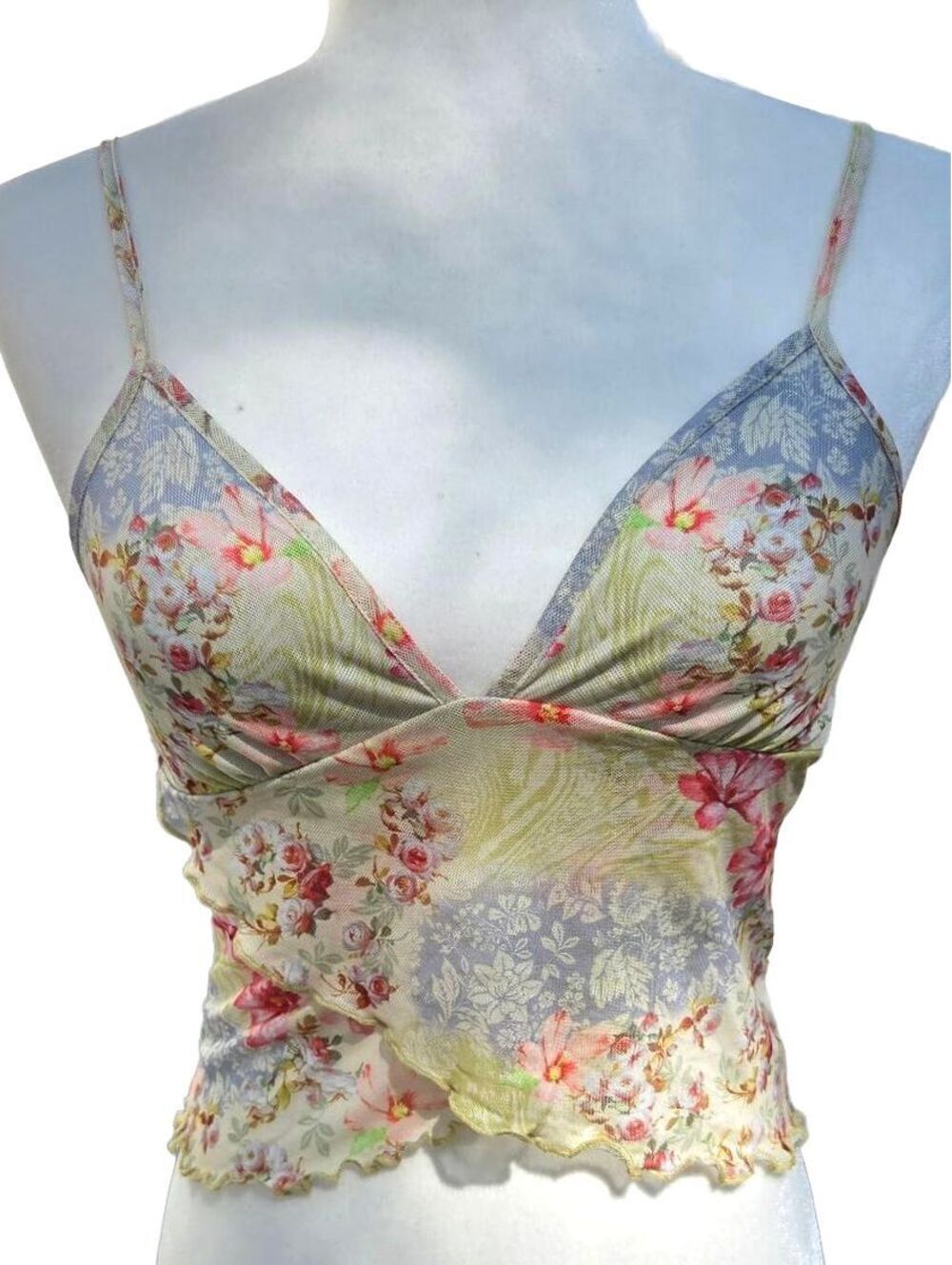 Floral Pastel Mesh Lettuce Trim Cami Top Y2K Fairycore Artsy Stretchy Grunge XS